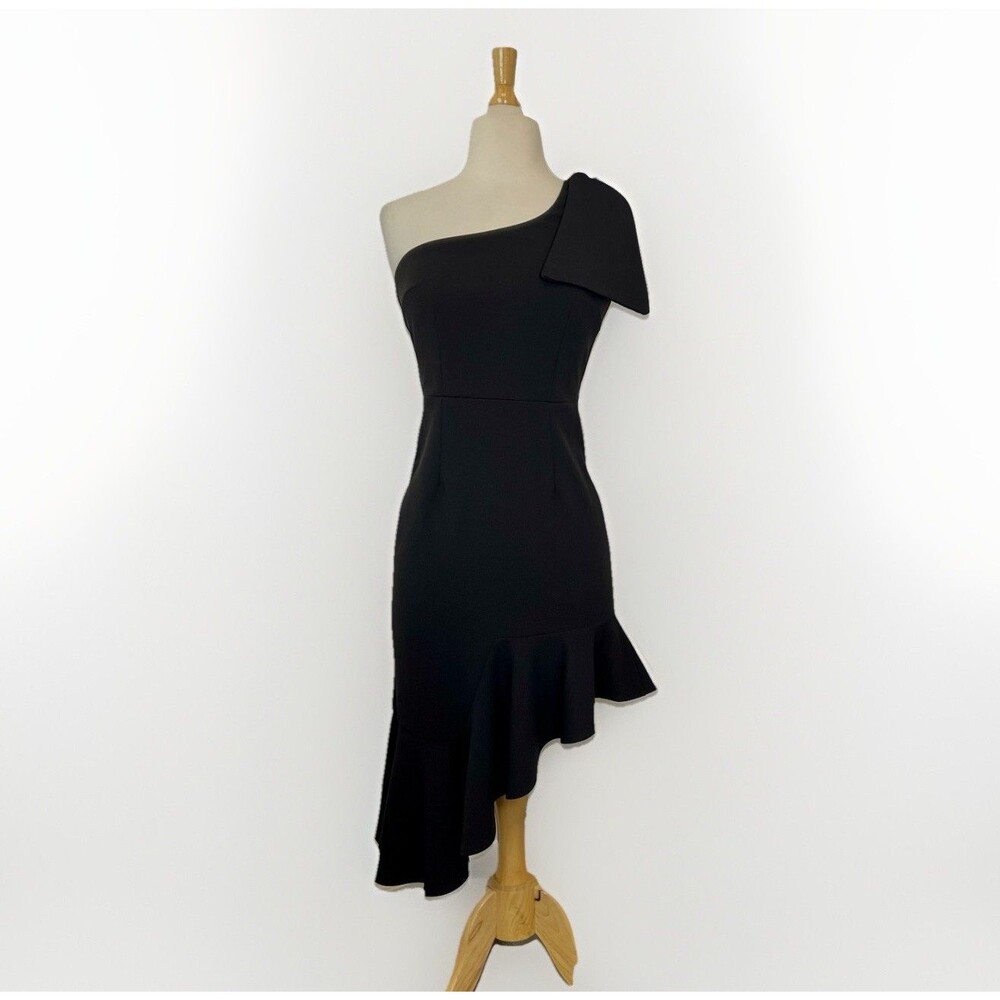 Saints + Secrets Black Asymmetrical One Shoulder Bow Cocktail Dress Size M - Picture 2 of 8